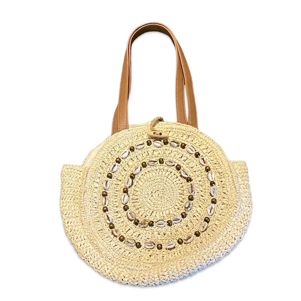 I.N.C. Raffia And Shell Circle Shoulder Bag Vegan Leather